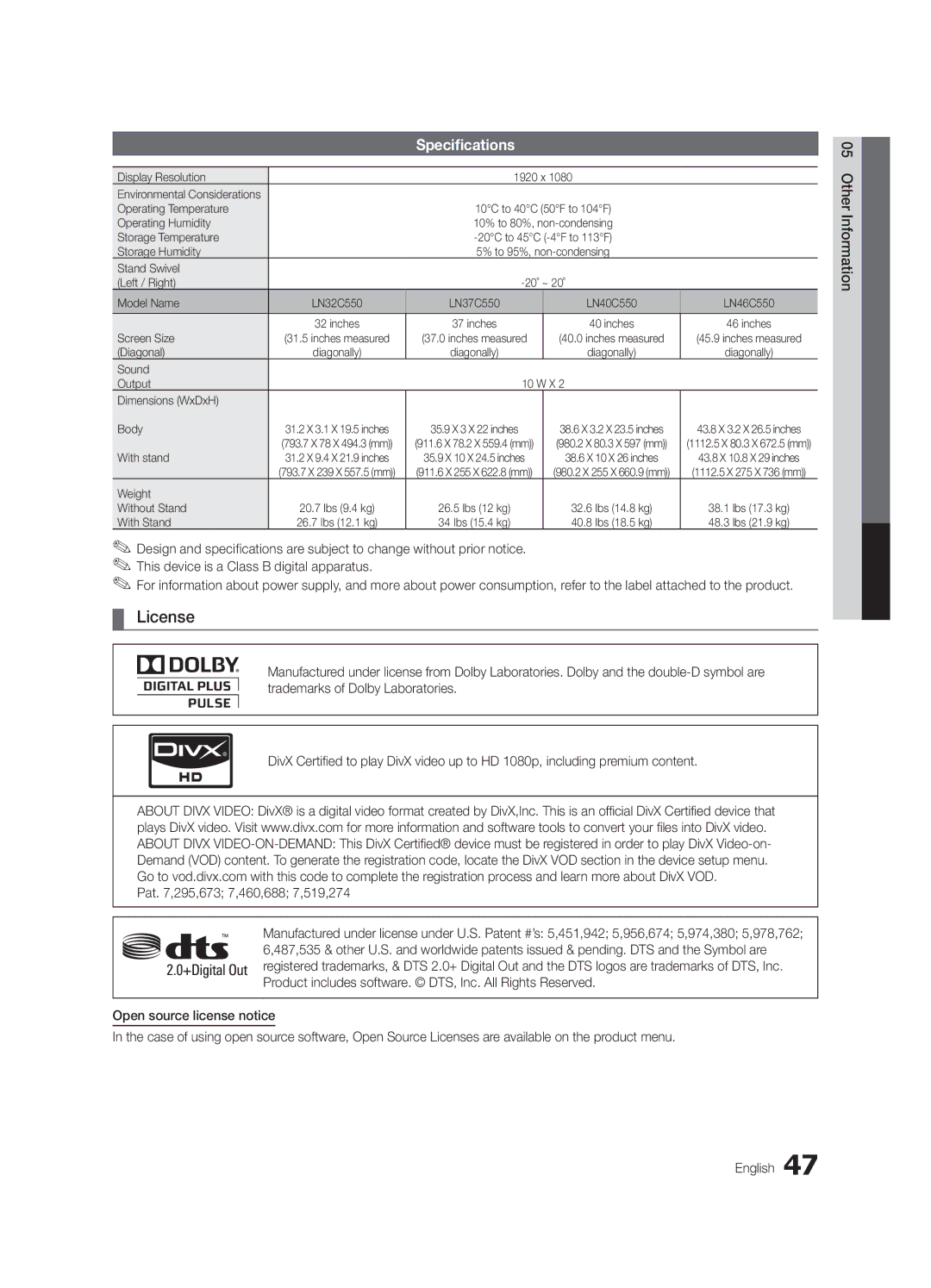 Samsung LC550-ZA, BN68-02604A-05 user manual License, Specifications 