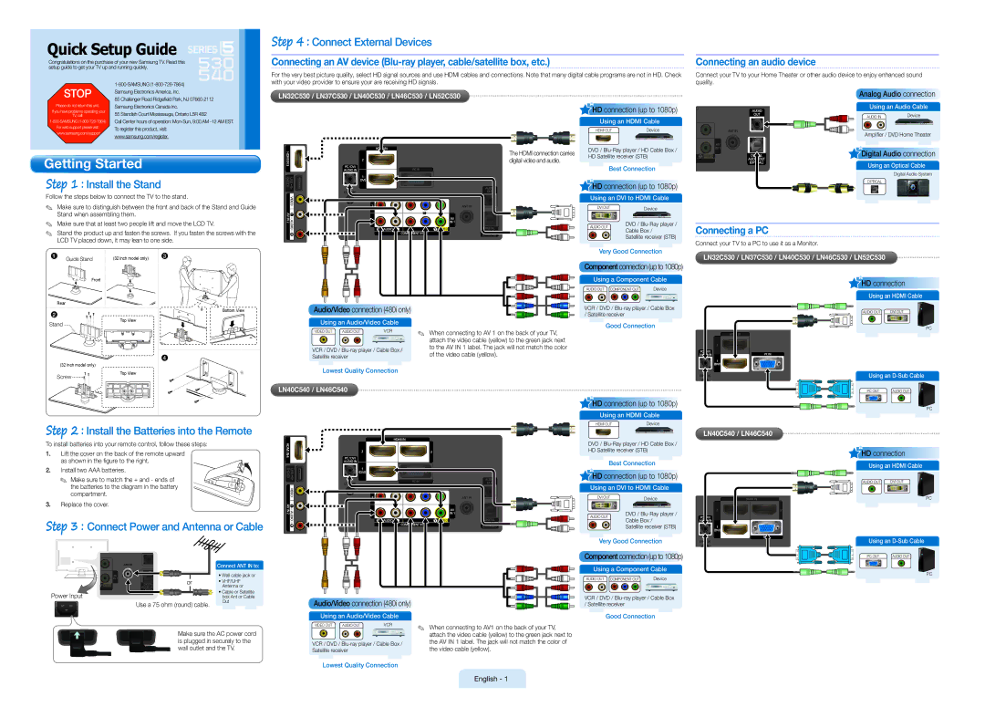 Samsung LC530-QSG setup guide Install the Stand, Connect External Devices, Install the Batteries into the Remote 