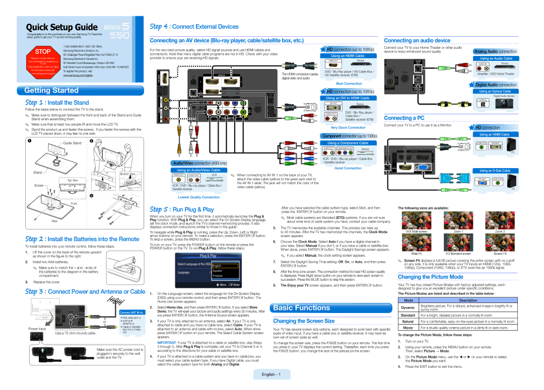 Samsung BN68-02611A-04 setup guide Connecting an audio device, Connecting a PC, Changing the Picture Mode 