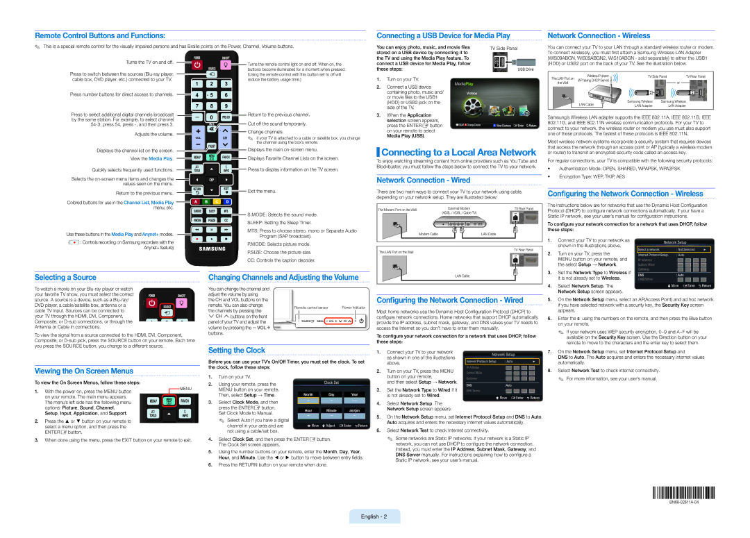 Samsung BN68-02611A-04 Network Connection Wired, Configuring the Network Connection Wireless, Selecting a Source 