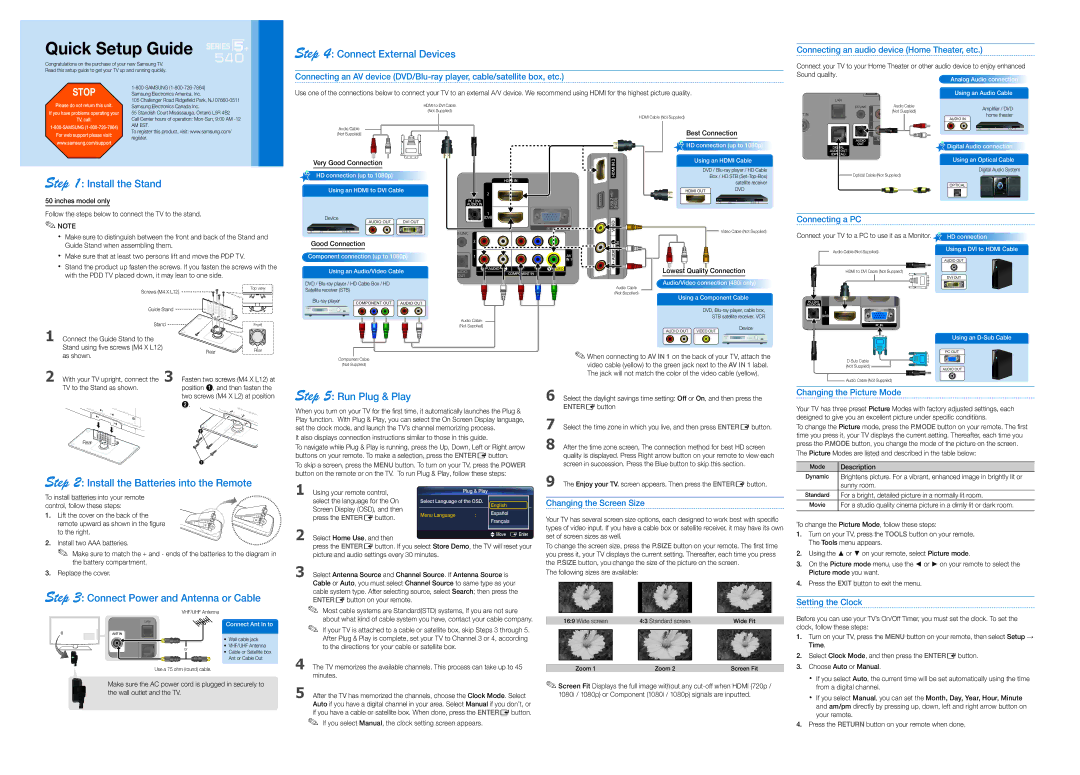 Samsung PN50C540 setup guide Connect External Devices, Install the Stand, Install the Batteries into the Remote 