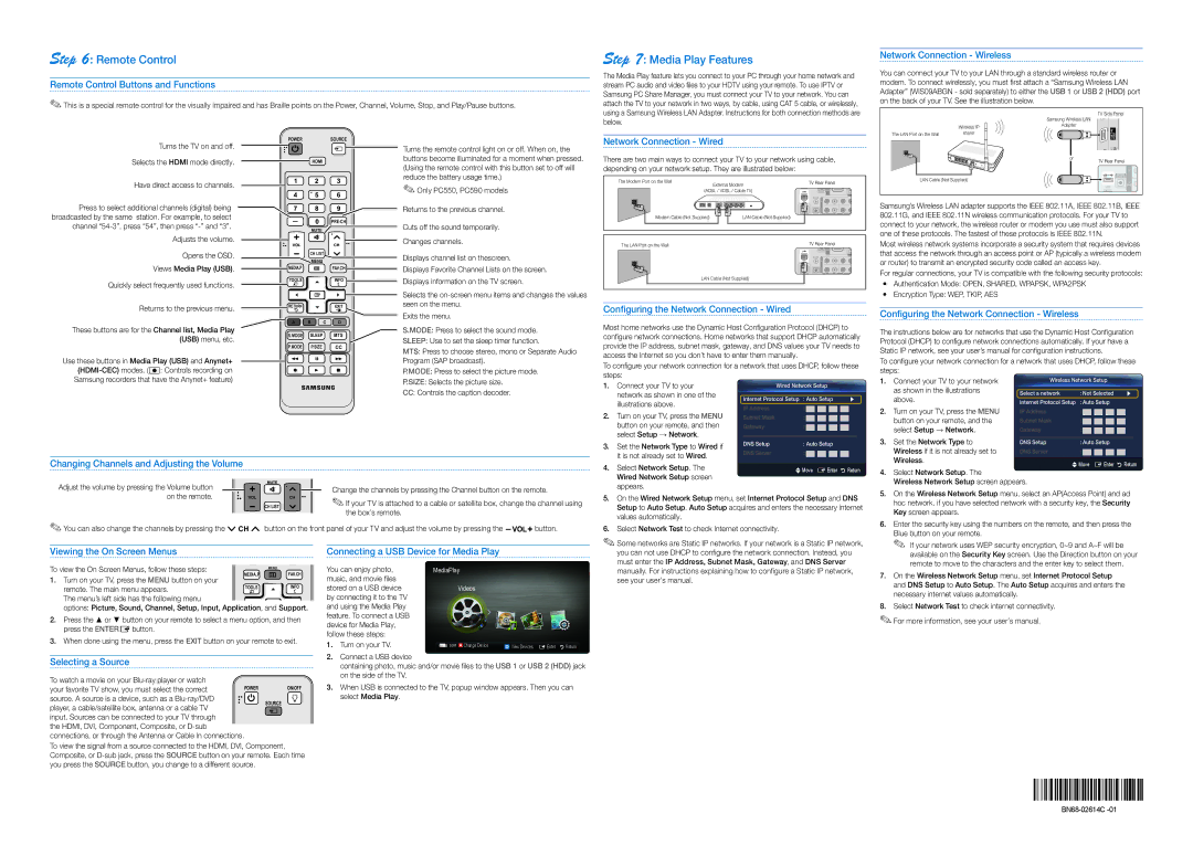 Samsung BN68-02614C, PN50C540 setup guide Remote Control, Media Play Features 