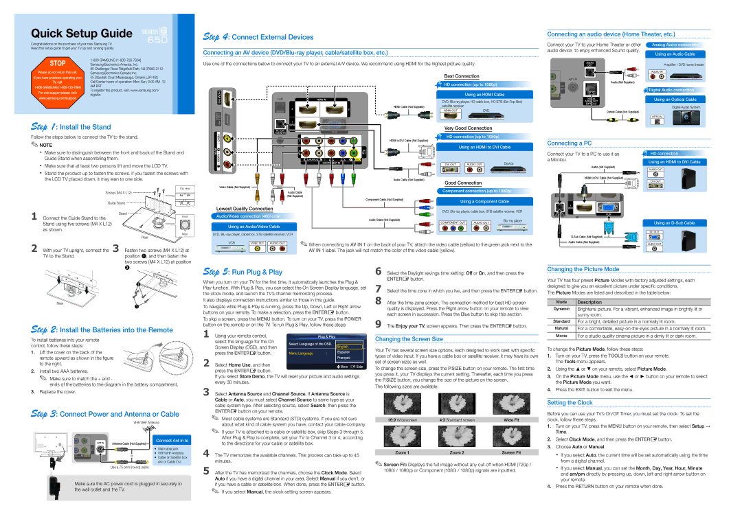 Samsung LC650-QSG, BN68-02616A-02 setup guide Install the Stand, Connect External Devices, Run Plug & Play 