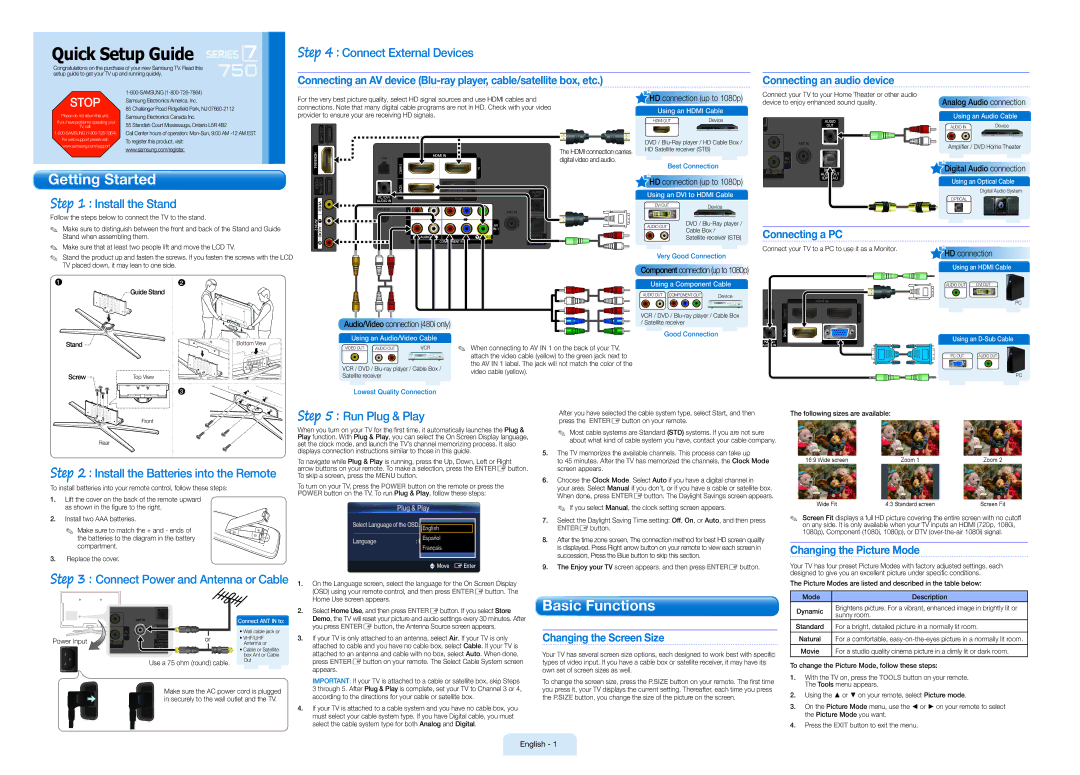 Samsung LC750-QSG, BN68-02617A-02 setup guide Connecting a PC, Changing the Picture Mode, Changing the Screen Size 