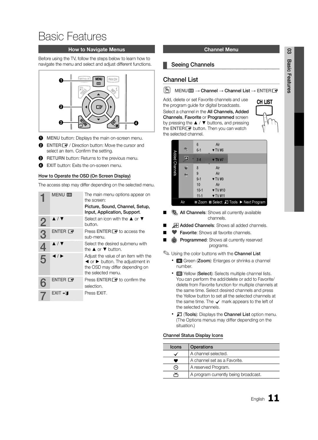 Samsung BN68-02620A-06 user manual Channel List, Seeing Channels, How to Navigate Menus, Channel Menu 