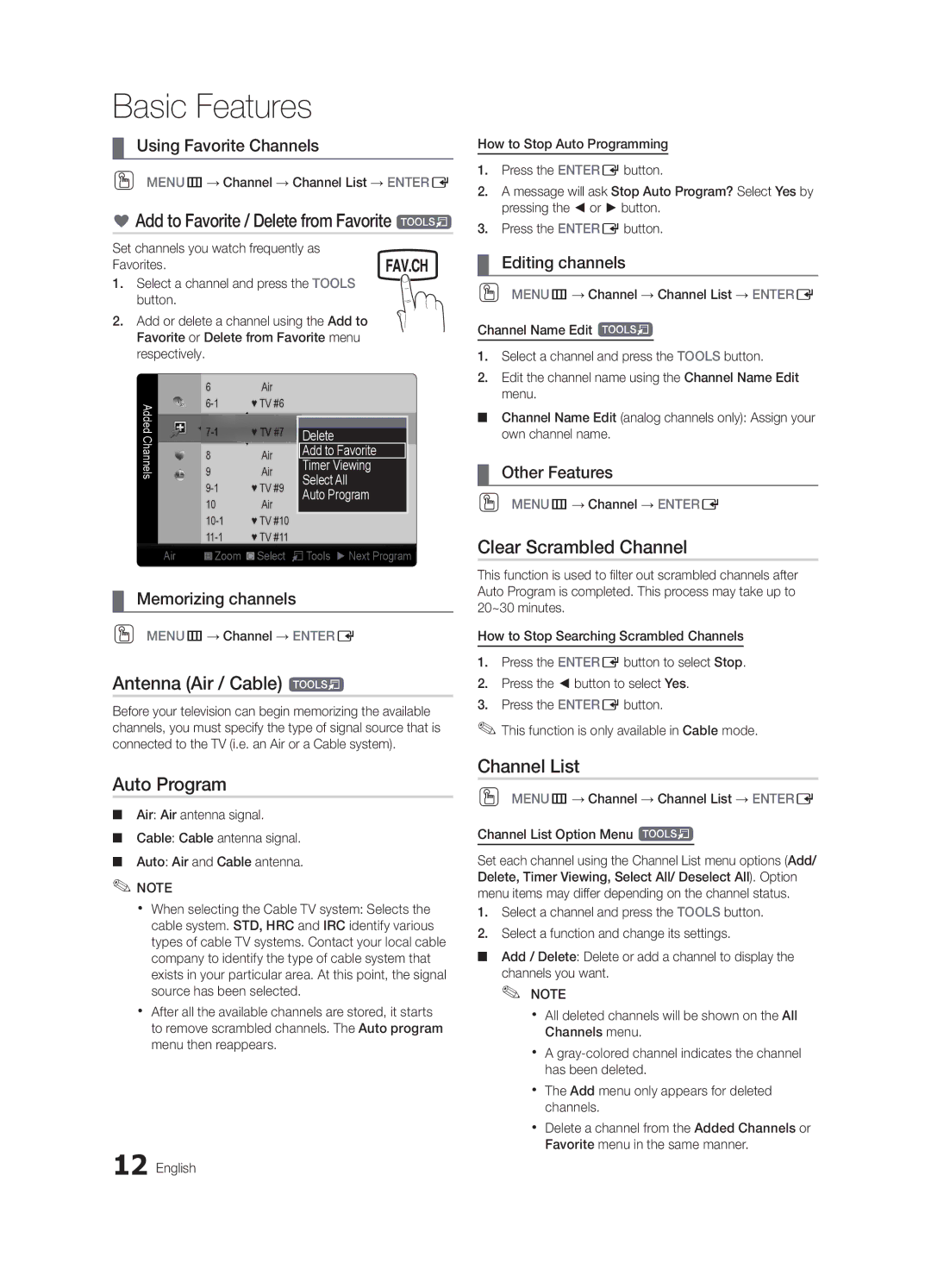 Samsung BN68-02620A-06 user manual Add to Favorite / Delete from Favorite t, Clear Scrambled Channel, Antenna Air / Cable t 