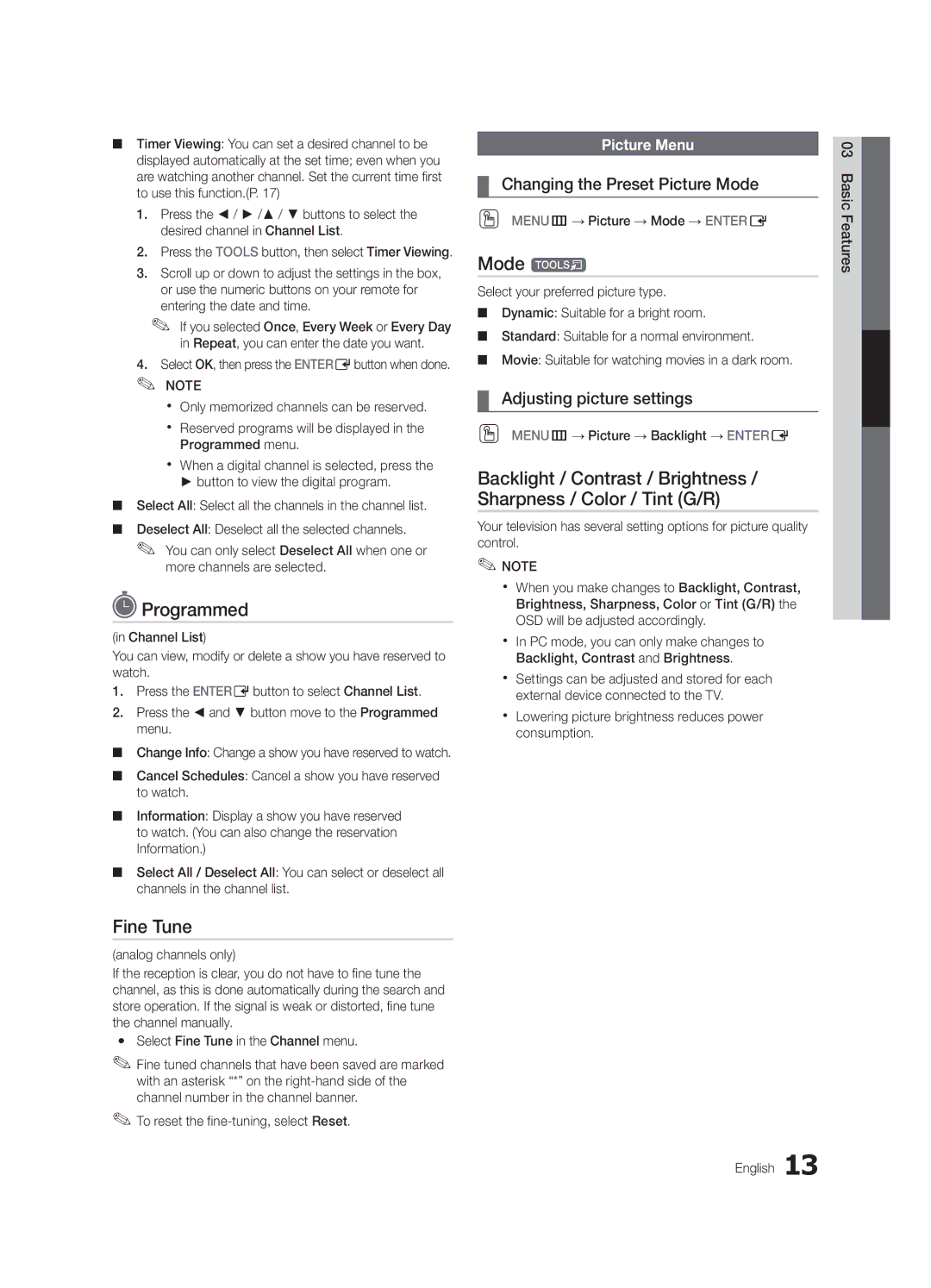 Samsung BN68-02620A-06 Programmed, Mode t, Fine Tune, Changing the Preset Picture Mode, Adjusting picture settings 