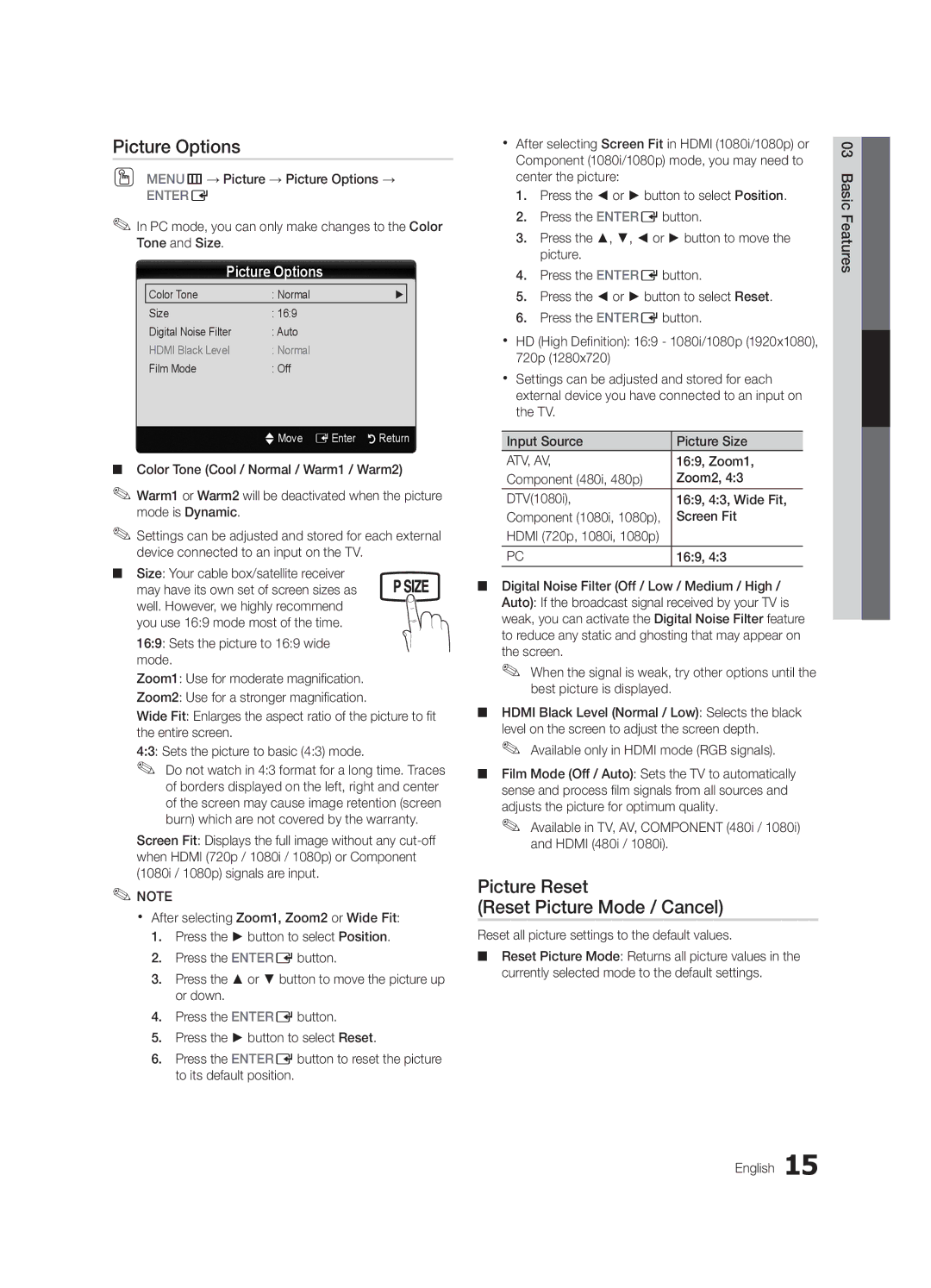 Samsung BN68-02620A-06 user manual Picture Options, Picture Reset Reset Picture Mode / Cancel 