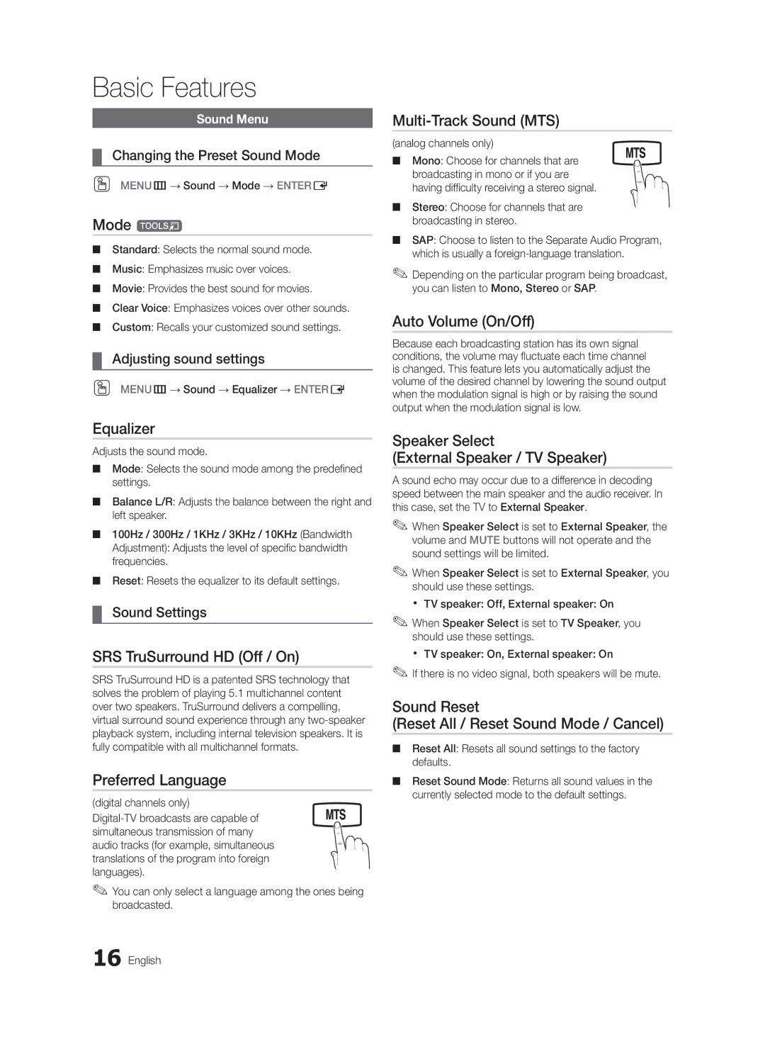 Samsung BN68-02620A-06 user manual Equalizer, SRS TruSurround HD Off / On, Preferred Language, Multi-Track Sound MTS 