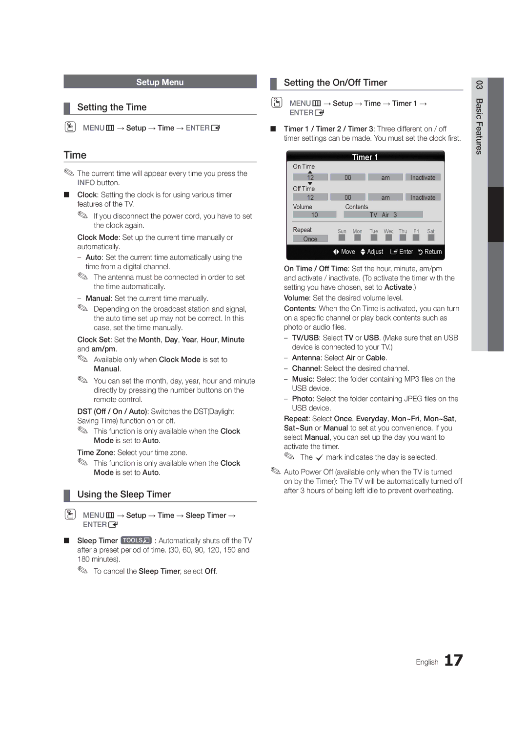 Samsung BN68-02620A-06 user manual Setting the Time, Using the Sleep Timer, Setting the On/Off Timer 