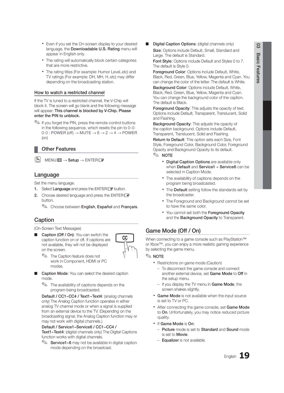 Samsung BN68-02620A-06 user manual Language, Caption, Game Mode Off / On, OO MENUm→ Setup → Entere, On-Screen Text Messages 