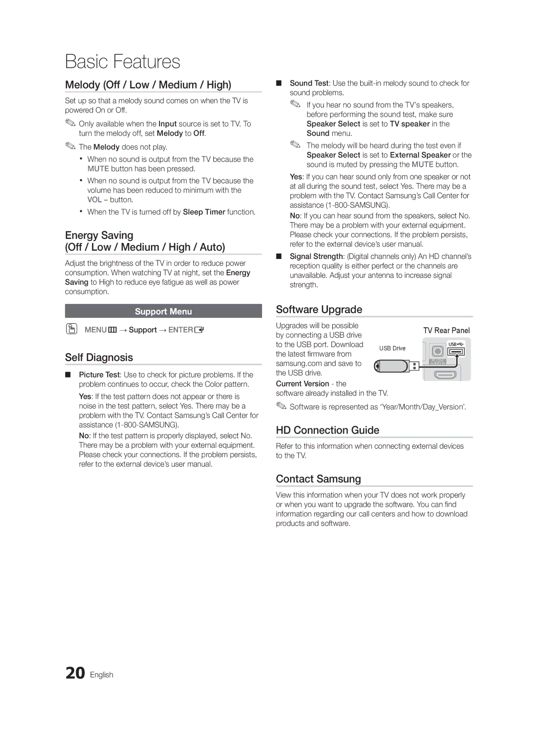 Samsung BN68-02620A-06 Melody Off / Low / Medium / High, Energy Saving Off / Low / Medium / High / Auto, Self Diagnosis 