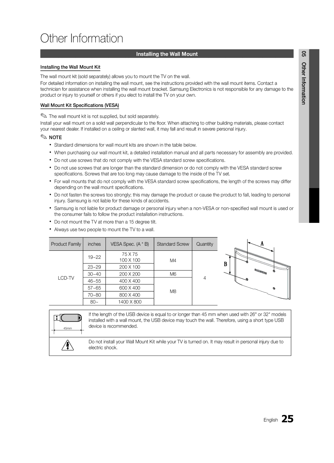 Samsung BN68-02620A-06 user manual Other Information, Installing the Wall Mount 