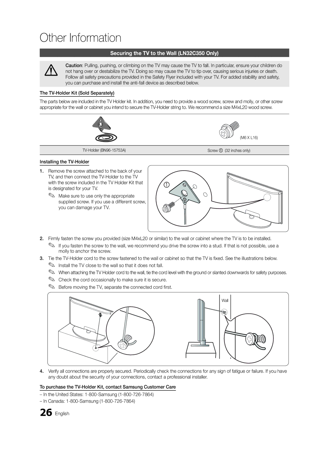 Samsung BN68-02620A-06 user manual Securing the TV to the Wall LN32C350 Only, TV-Holder Kit Sold Separately 