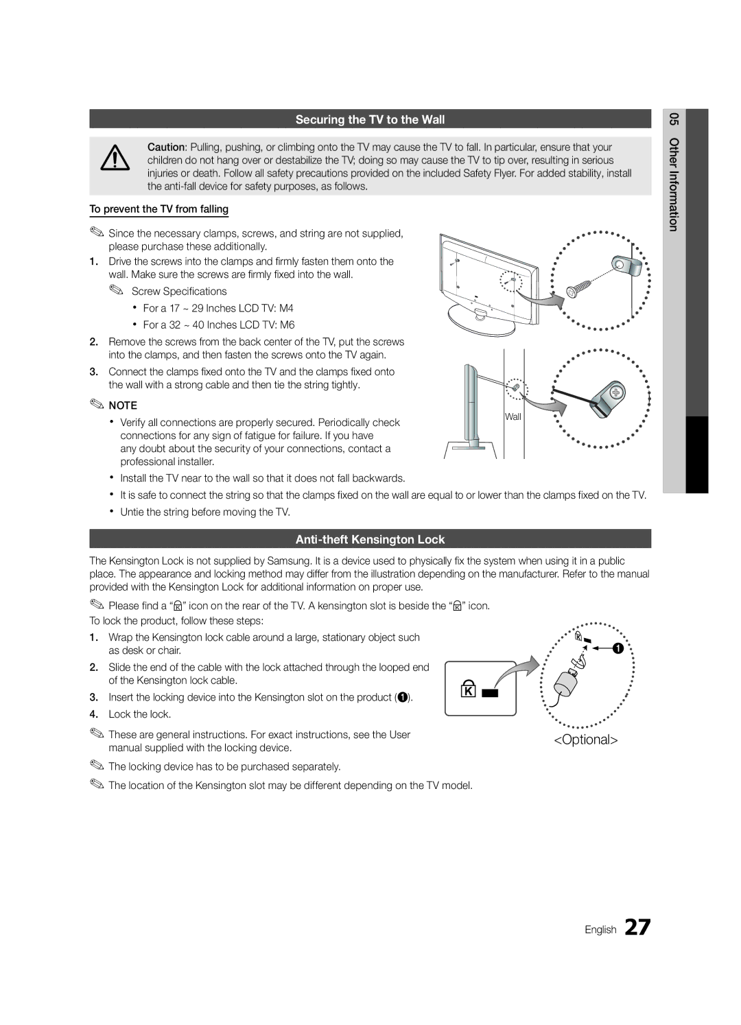 Samsung BN68-02620A-06 user manual Securing the TV to the Wall, Anti-theft Kensington Lock 