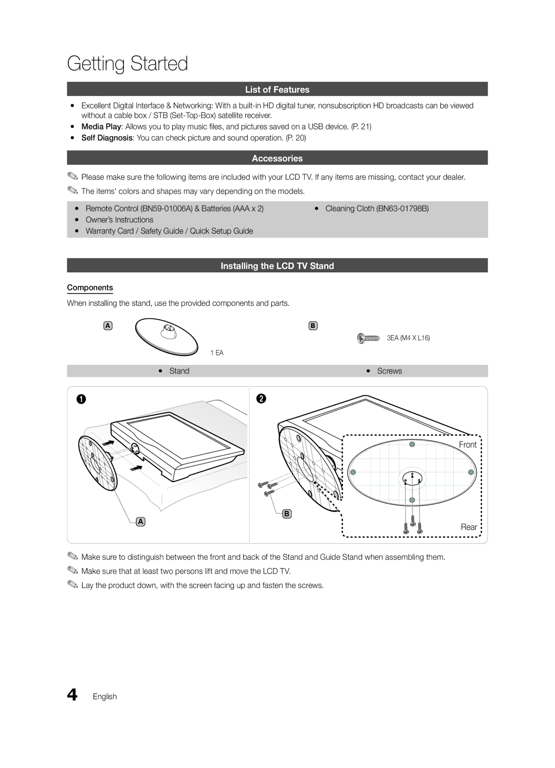 Samsung BN68-02620A-06 Getting Started, List of Features, Accessories, Installing the LCD TV Stand, Yy Stand Yy Screws 