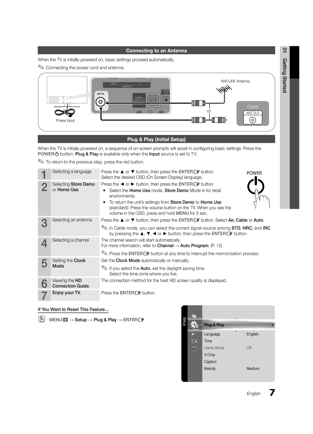 Samsung BN68-02620A-06 user manual Connecting to an Antenna, Plug & Play Initial Setup 