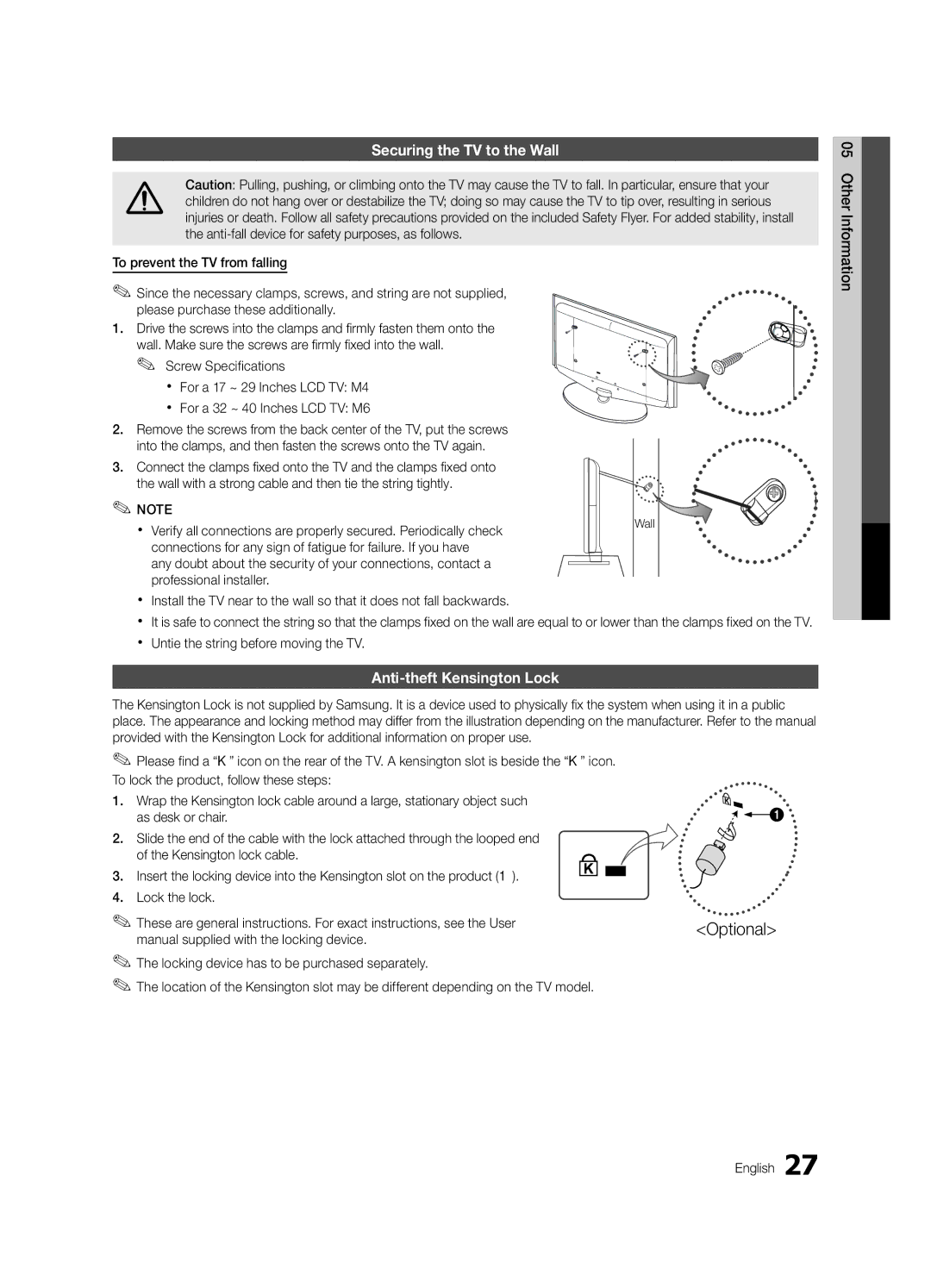 Samsung BN68-02620B-06 user manual Securing the TV to the Wall, Anti-theft Kensington Lock 