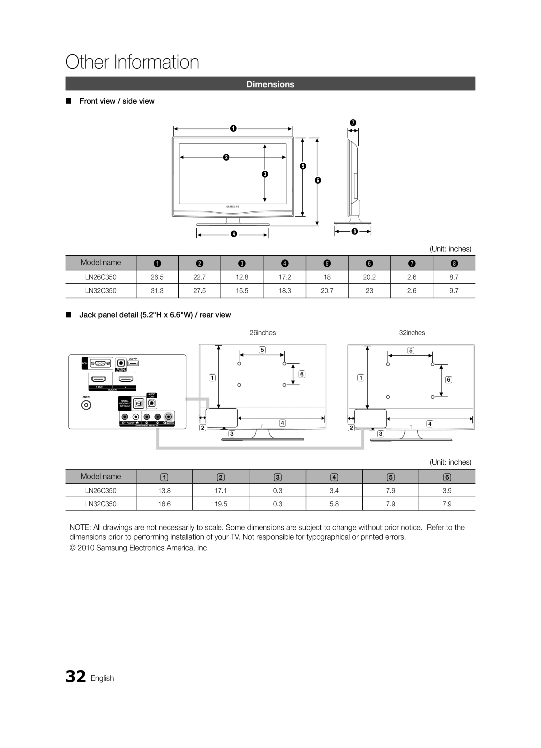 Samsung BN68-02620B-06 Dimensions, Front view / side view Unit inches Model name, Samsung Electronics America, Inc English 