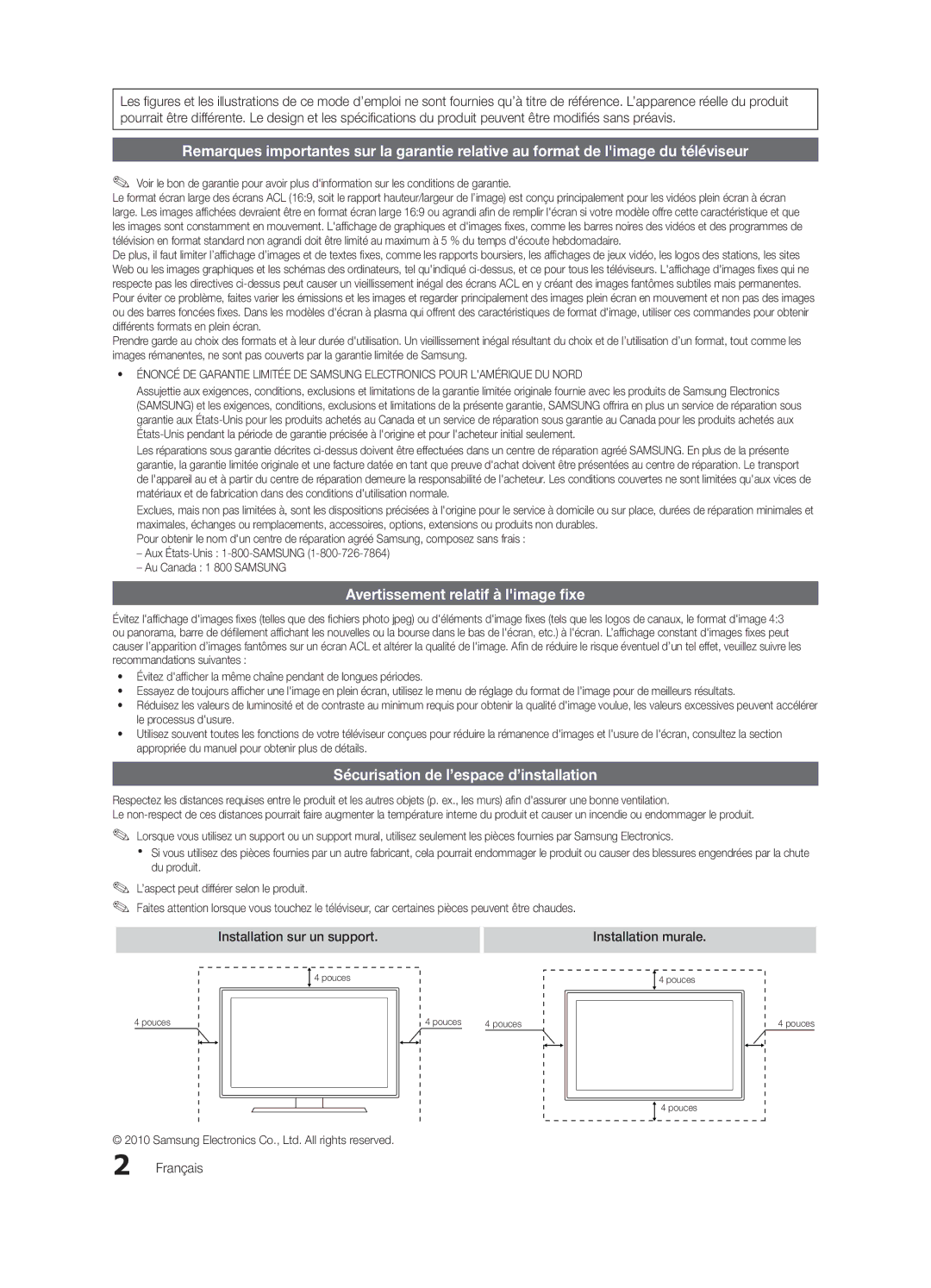 Samsung BN68-02620B-06 Avertissement relatif à limage fixe, Sécurisation de l’espace d’installation, Installation murale 