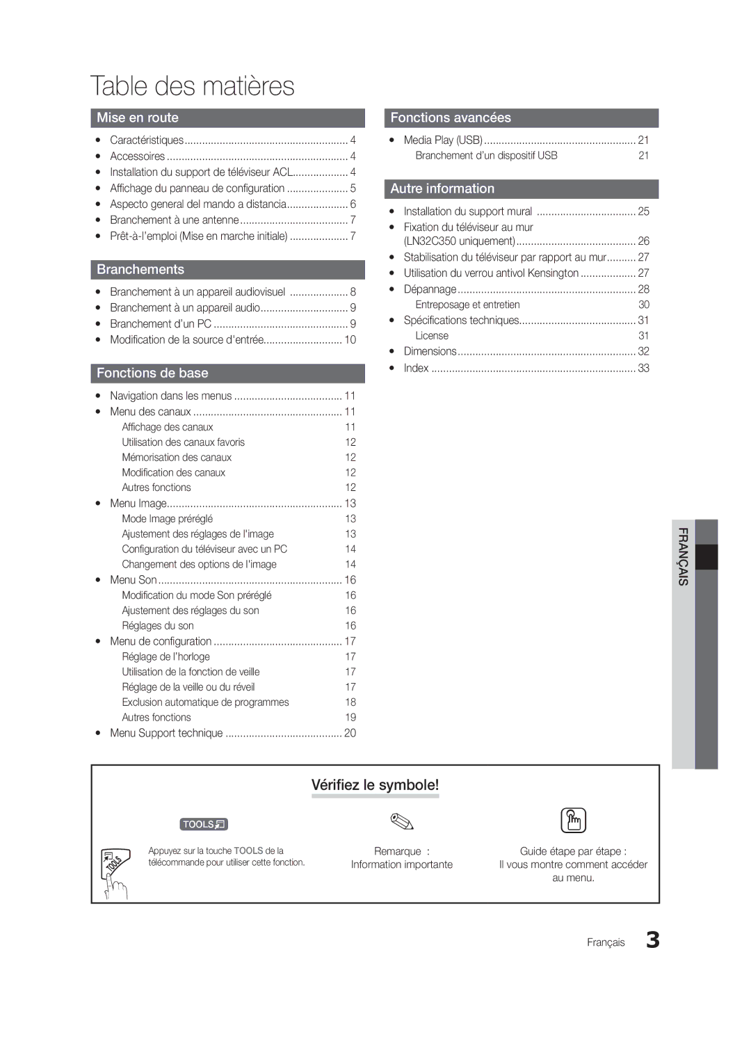 Samsung BN68-02620B-06 user manual Table des matières, Vérifiez le symbole 