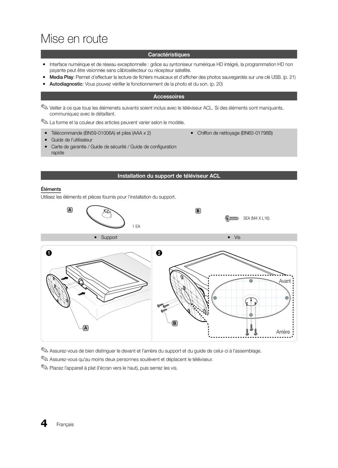 Samsung BN68-02620B-06 user manual Mise en route, Caractéristiques, Accessoires, Installation du support de téléviseur ACL 