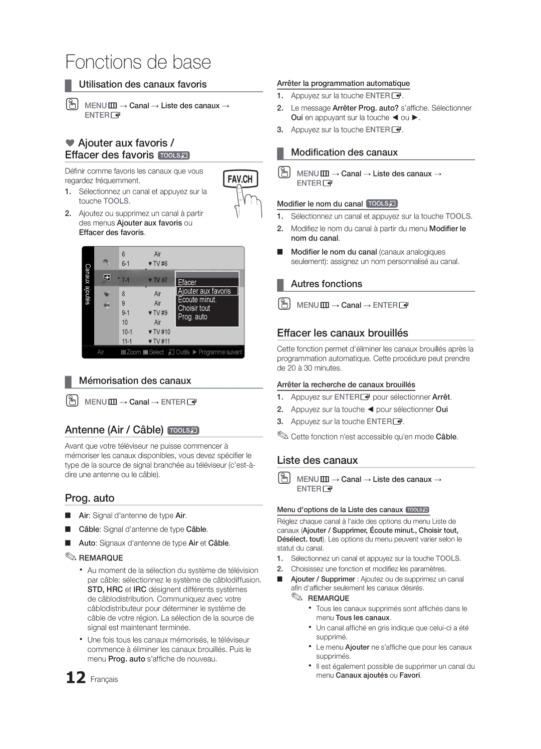 Samsung BN68-02620B-06 Ajouter aux favoris / Effacer des favoris t, Effacer les canaux brouillés, Antenne Air / Câble t 