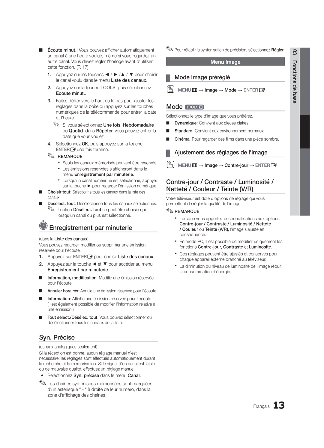 Samsung BN68-02620B-06 Enregistrement par minuterie, Syn. Précise, Mode Image préréglé, Ajustement des réglages de limage 