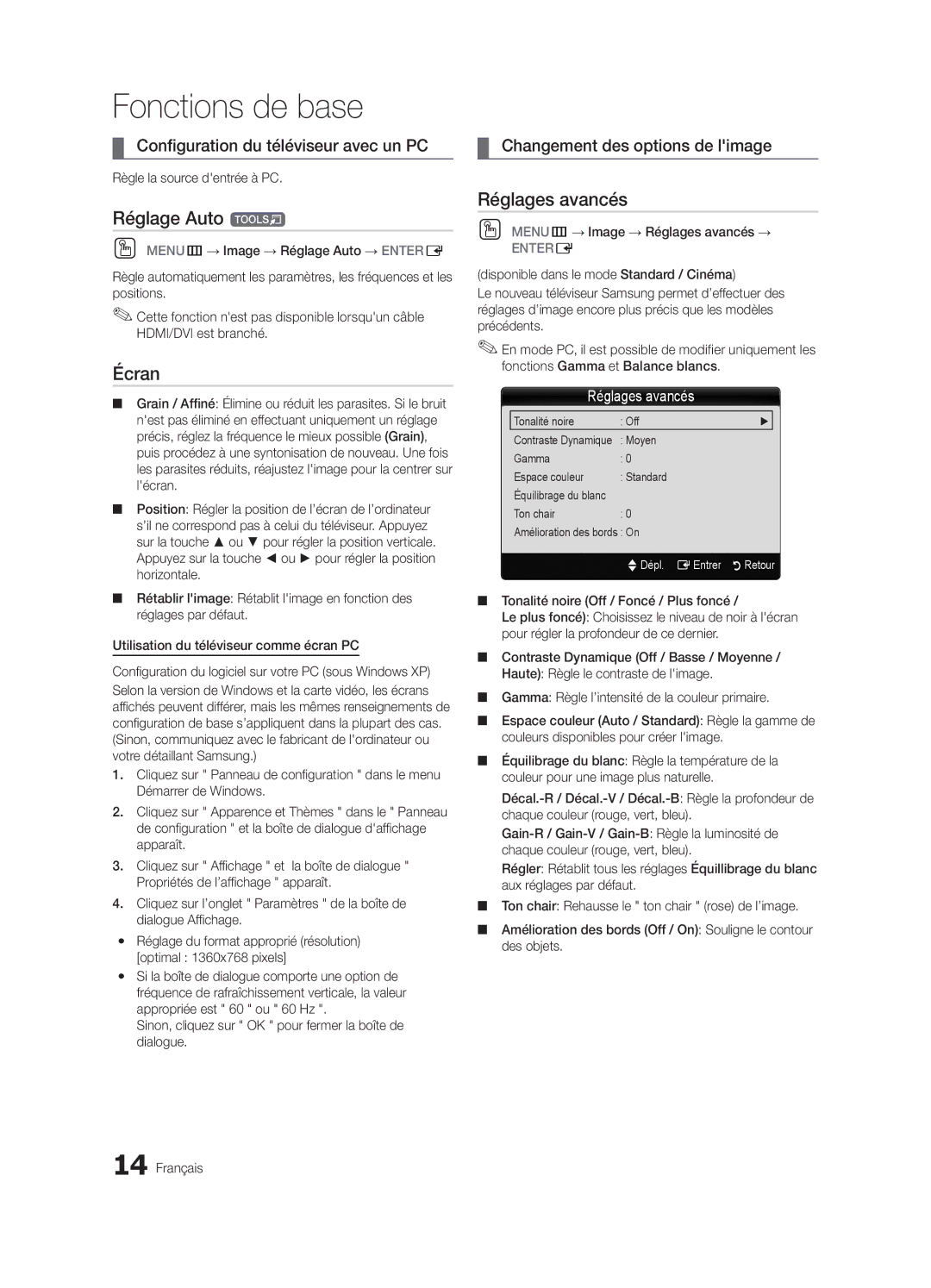 Samsung BN68-02620B-06 user manual Réglage Auto t, Écran, Réglages avancés, Configuration du téléviseur avec un PC 