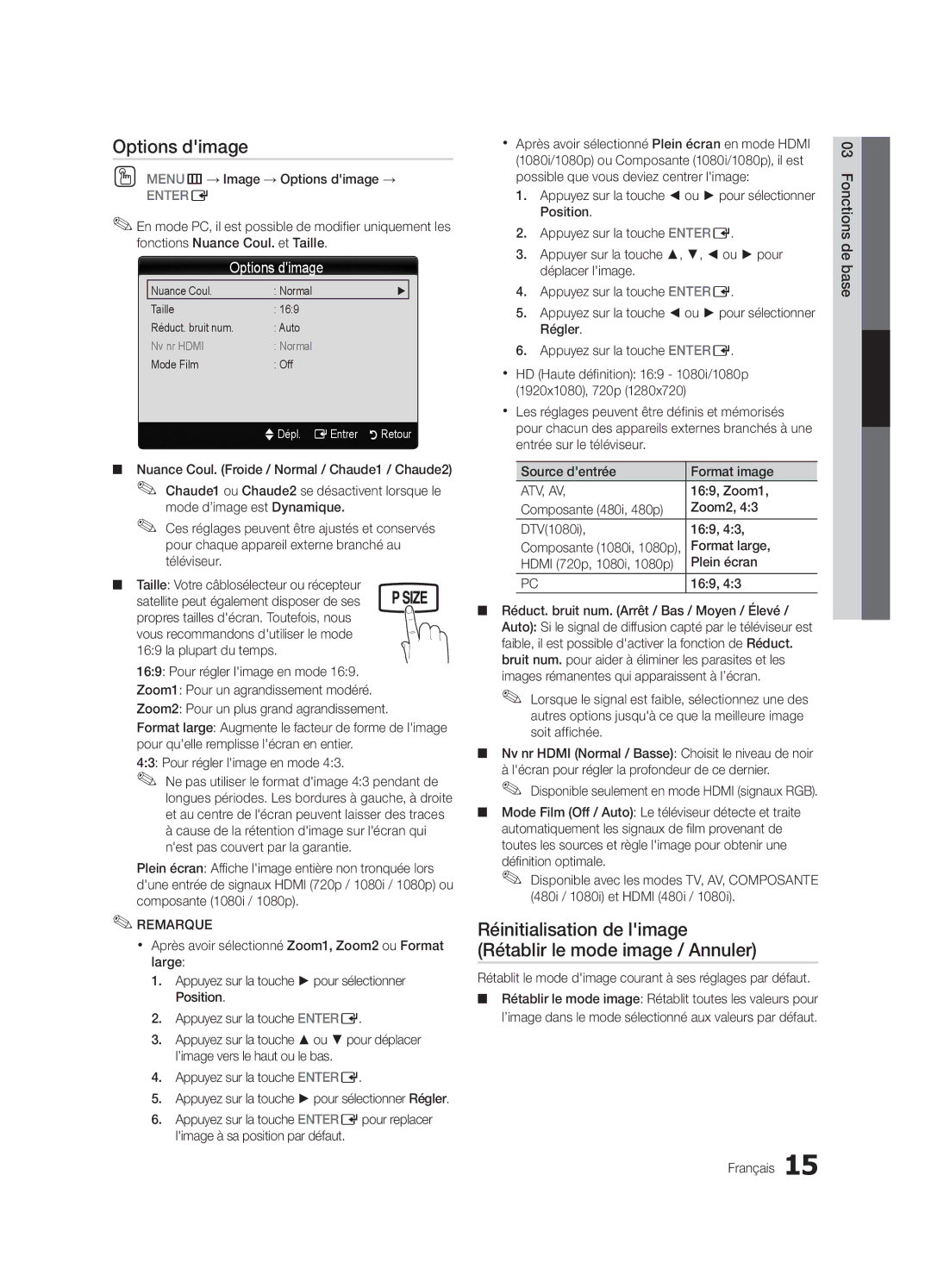 Samsung BN68-02620B-06 user manual Options dimage, Réinitialisation de limage Rétablir le mode image / Annuler 