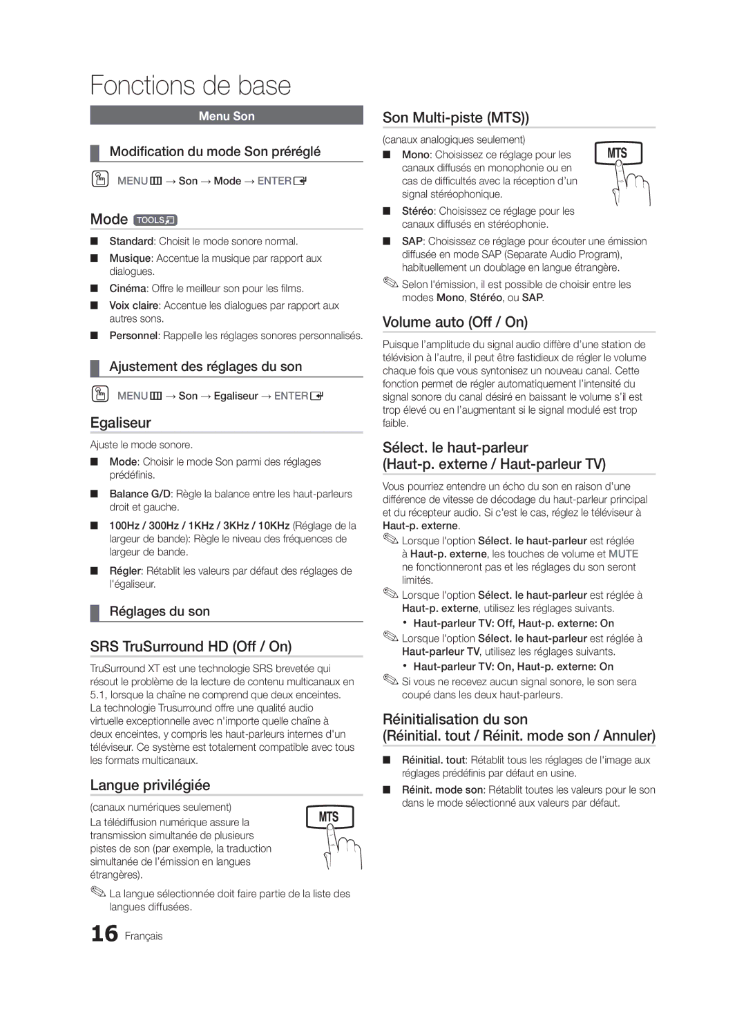 Samsung BN68-02620B-06 user manual Egaliseur, Langue privilégiée, Son Multi-piste MTS, Volume auto Off / On 