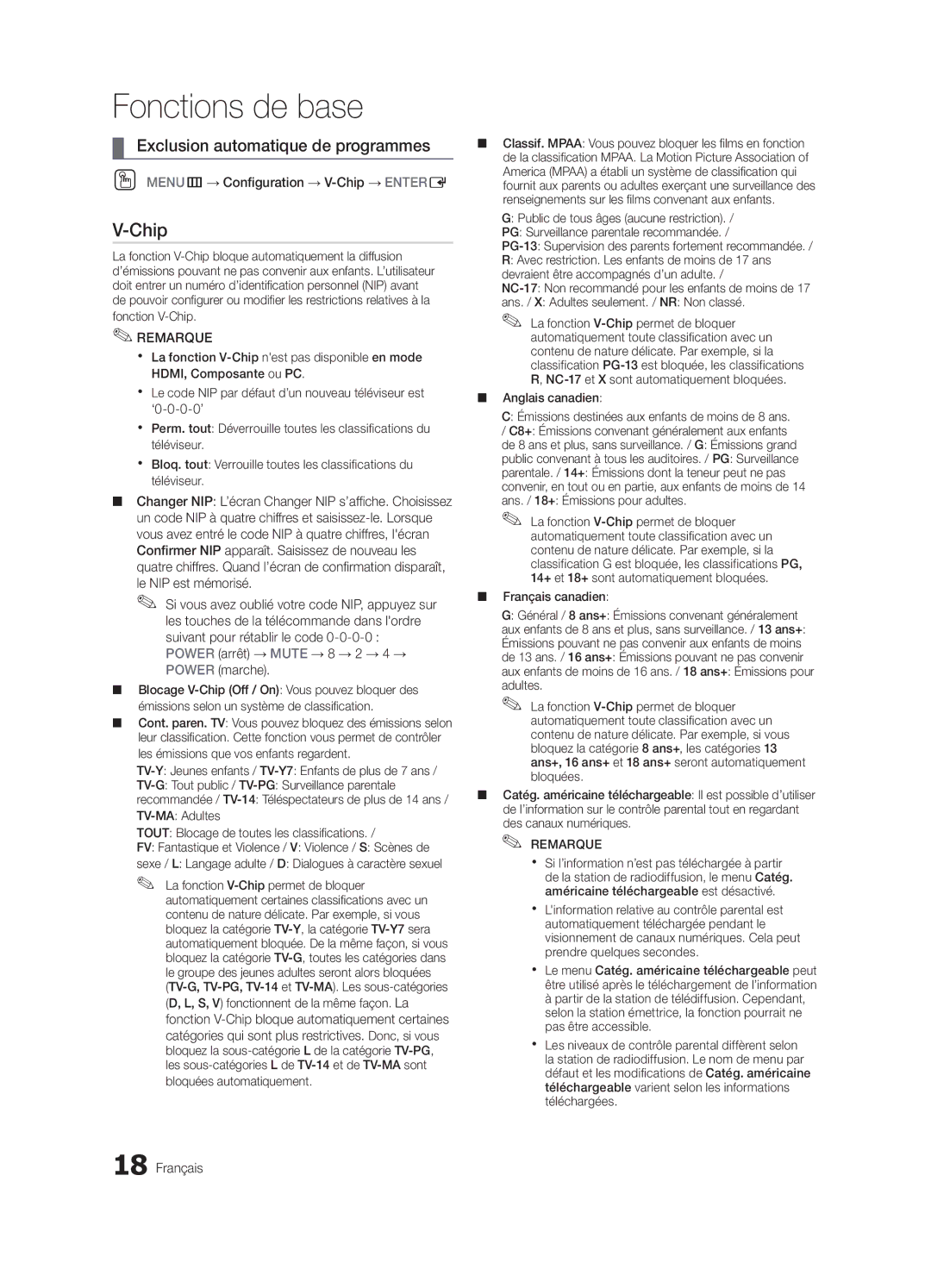 Samsung BN68-02620B-06 Exclusion automatique de programmes, OO MENUm→ Configuration → V-Chip → Entere, ‘0-0-0-0’ 