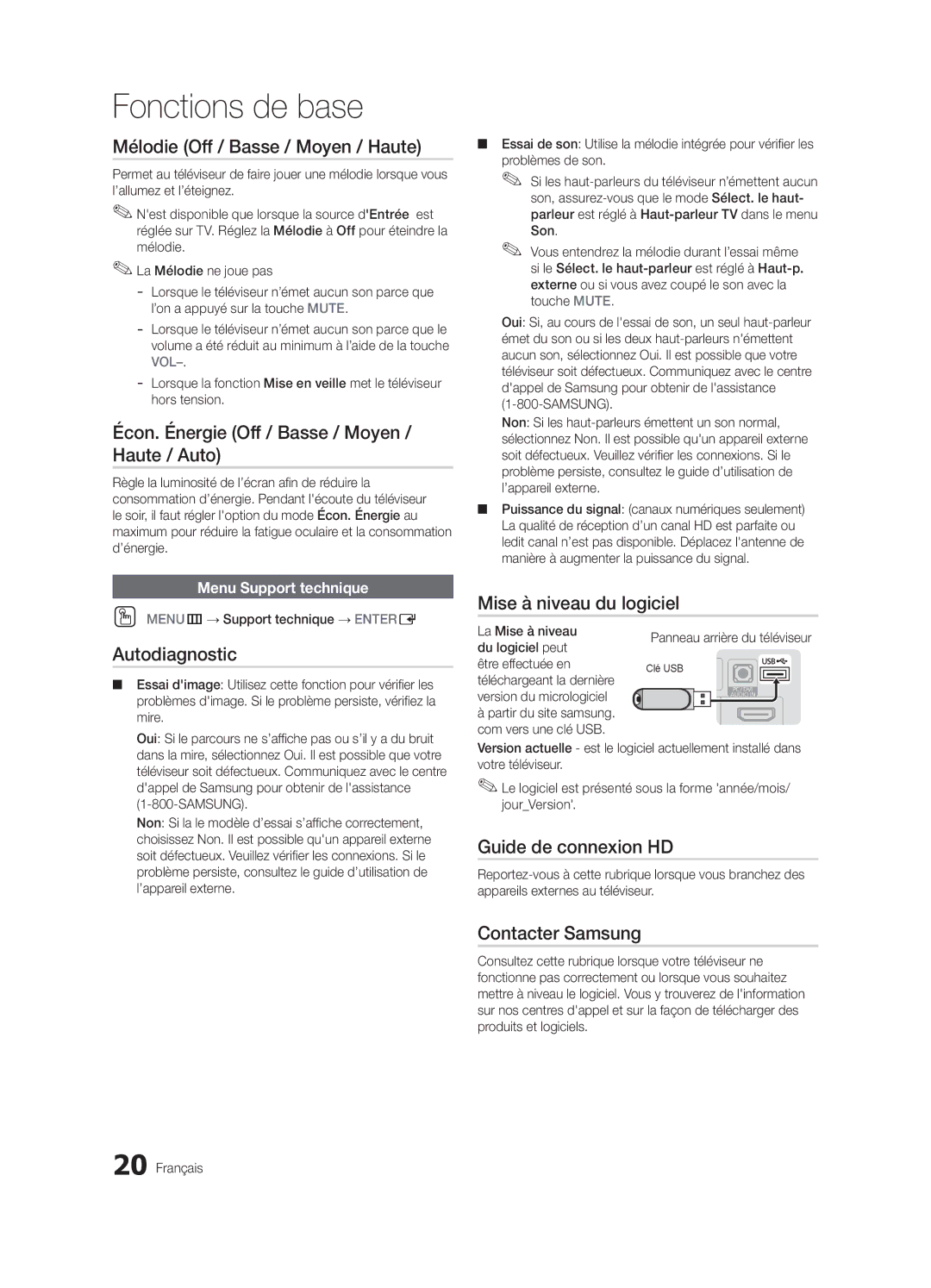 Samsung BN68-02620B-06 user manual Mélodie Off / Basse / Moyen / Haute, Écon. Énergie Off / Basse / Moyen / Haute / Auto 