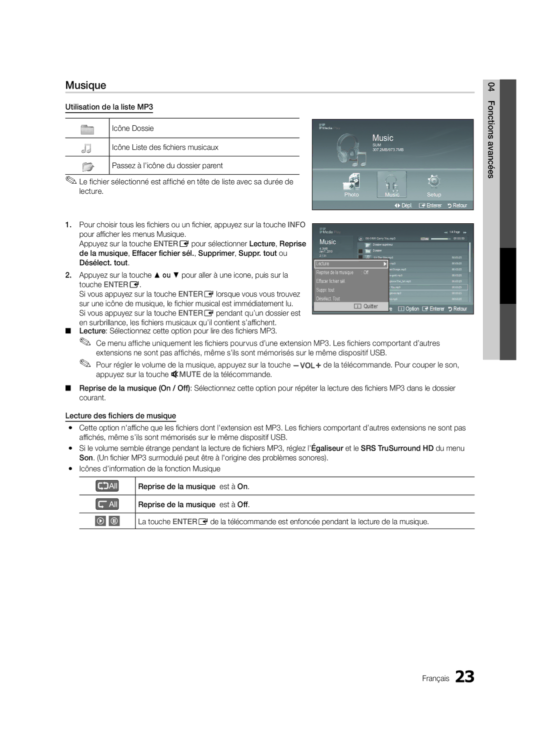 Samsung BN68-02620B-06 user manual Musique, Utilisation de la liste MP3 