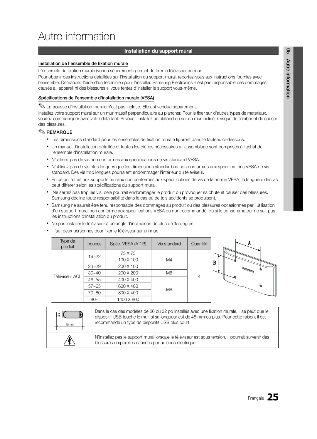 Samsung BN68-02620B-06 user manual Autre information, Installation du support mural, Vis standard Quantité, Produit 