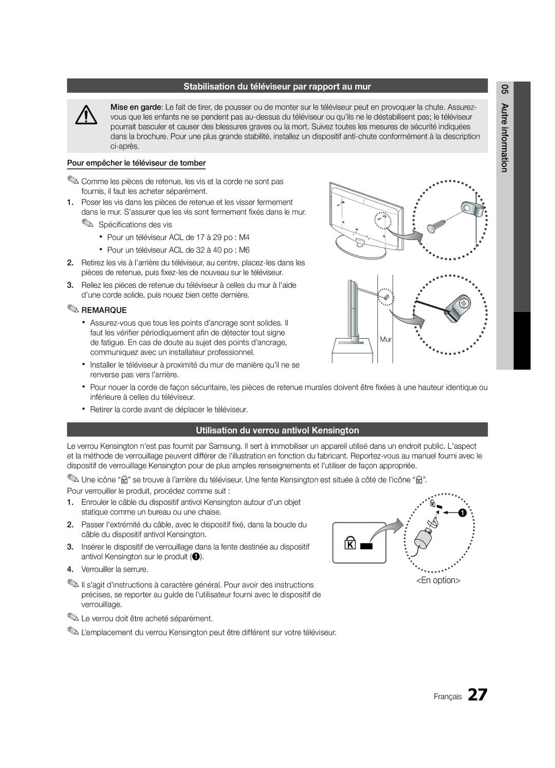 Samsung BN68-02620B-06 Stabilisation du téléviseur par rapport au mur, Utilisation du verrou antivol Kensington, En option 