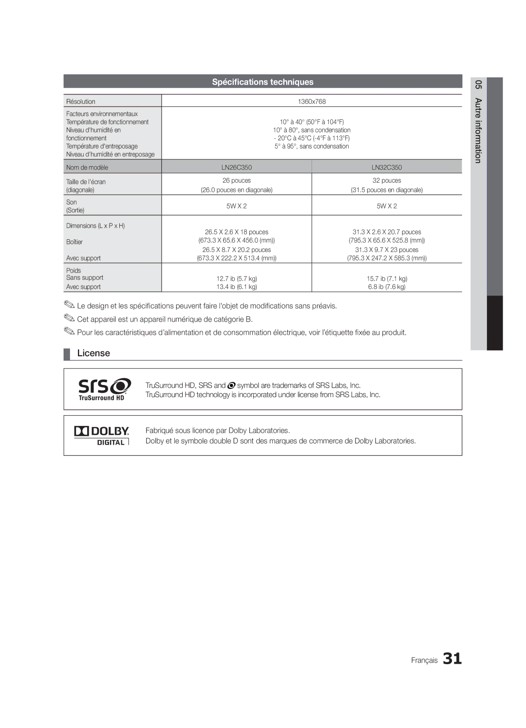 Samsung BN68-02620B-06 user manual Spécifications techniques 