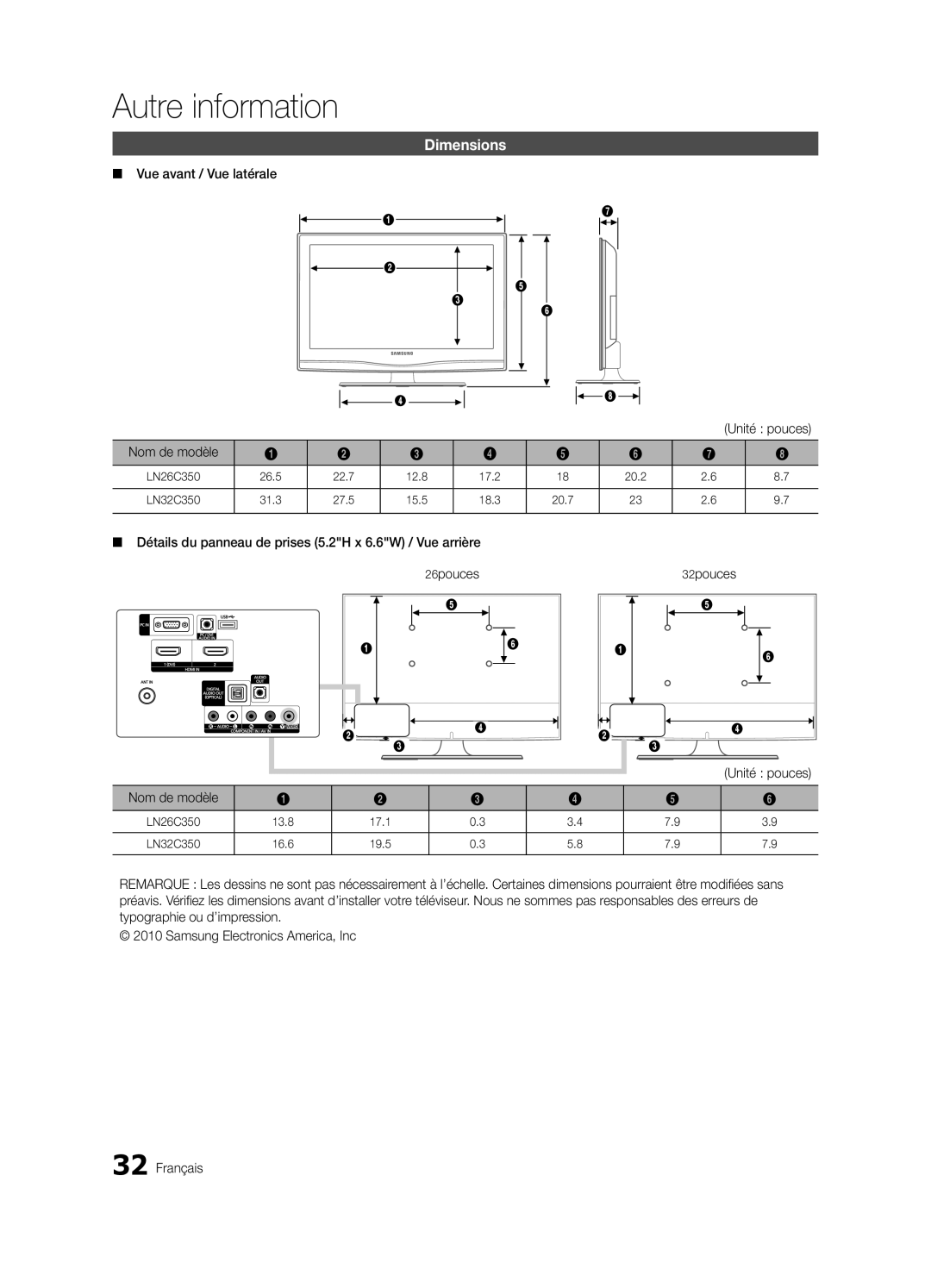 Samsung BN68-02620B-06 user manual Vue avant / Vue latérale, Détails du panneau de prises 5.2H x 6.6W / Vue arrière 