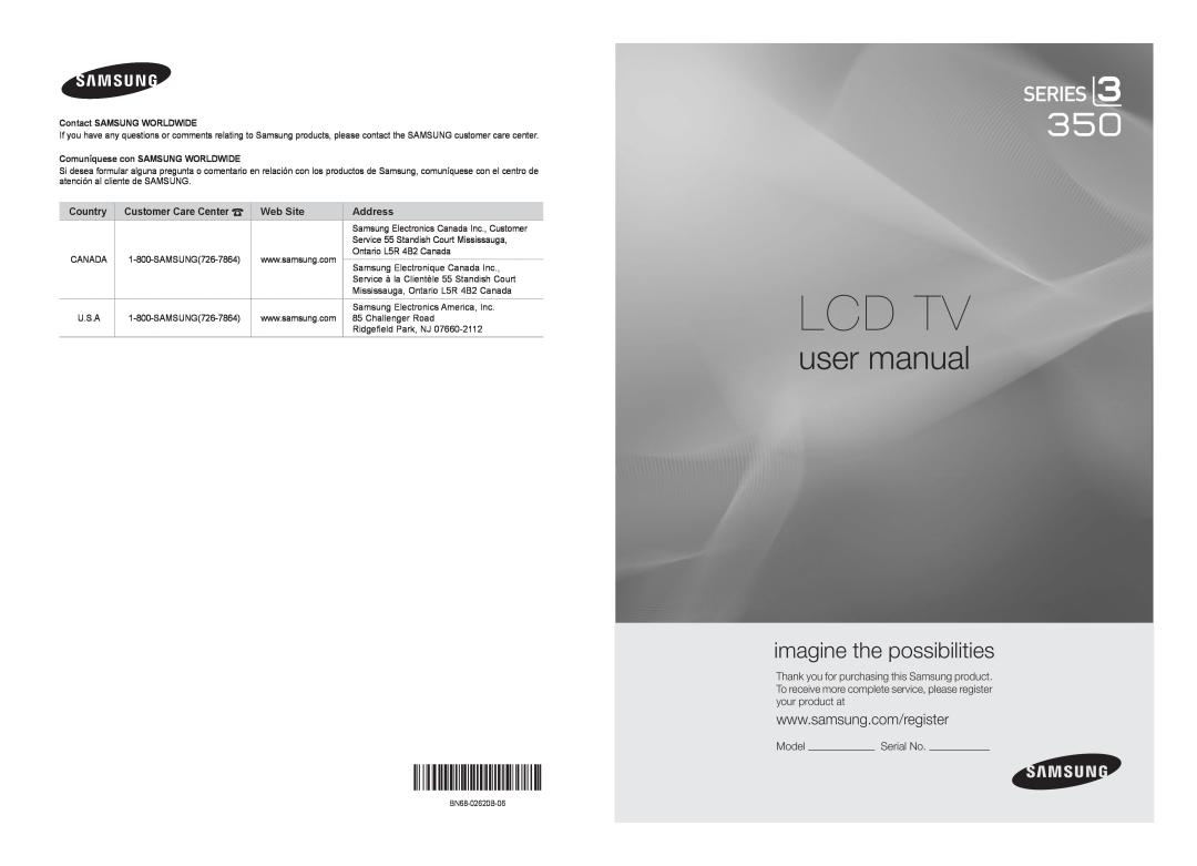 Samsung BN68-02620B-06 user manual Lcd Tv, imagine the possibilities, Model, Country, Customer Care Center, Web Site 