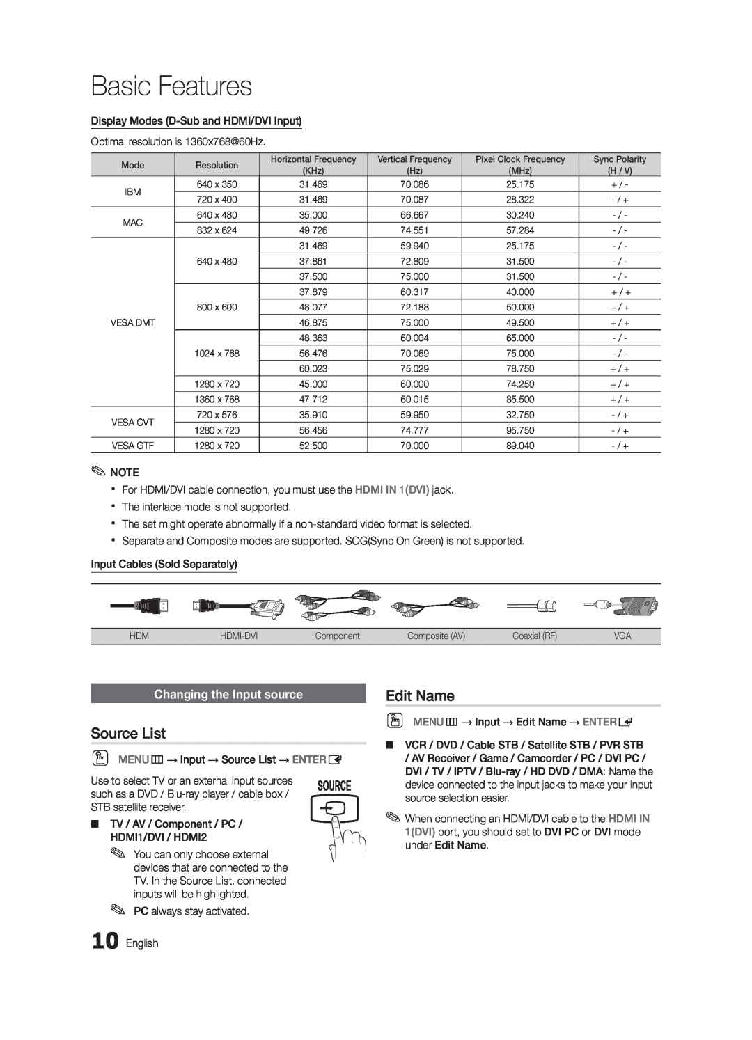 Samsung BN68-02620B-06 user manual Basic Features, Source List, Edit Name, Changing the Input source 
