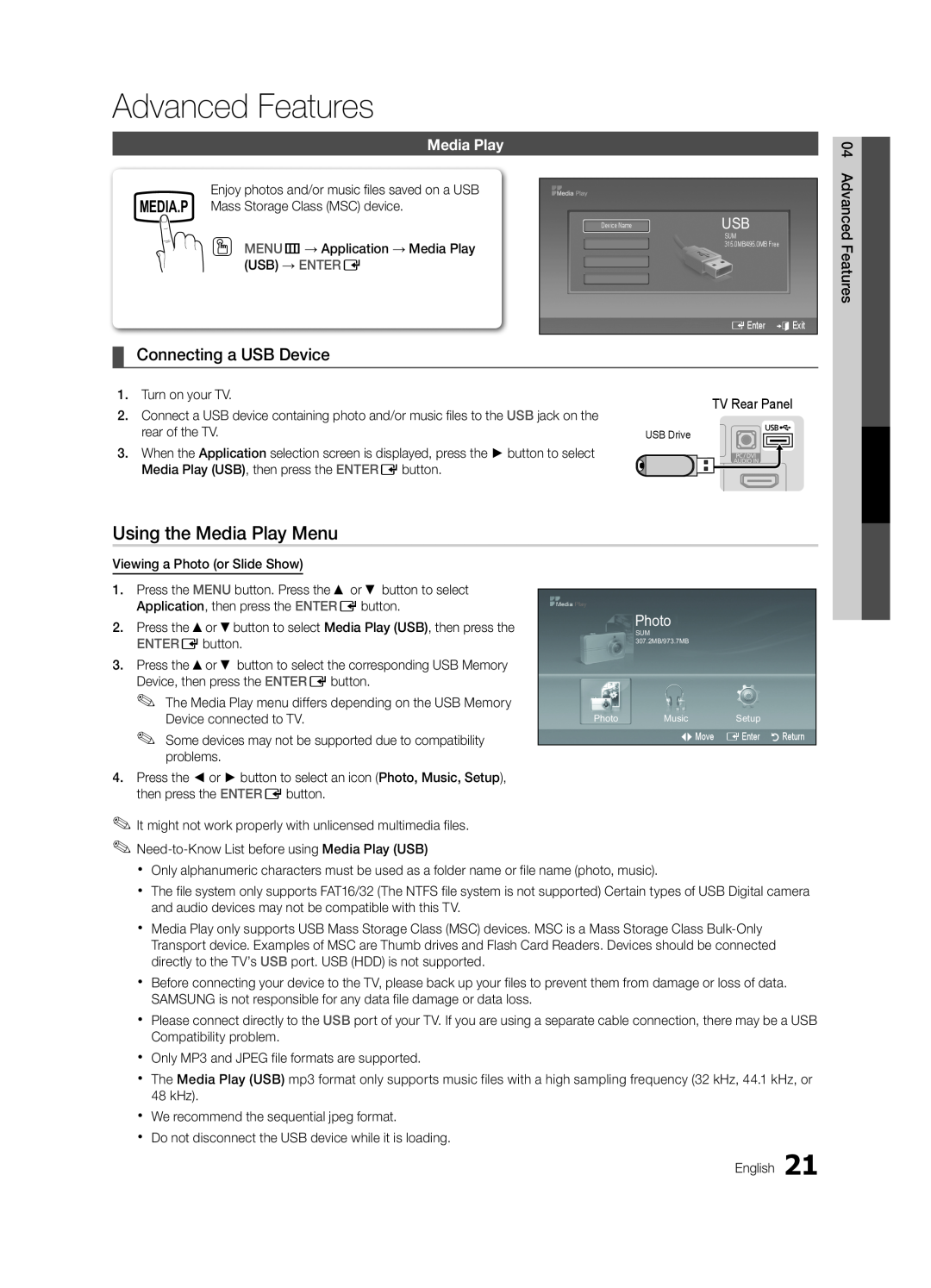 Samsung BN68-02620B-06 user manual Advanced Features, Using the Media Play Menu, Connecting a USB Device, Photo 