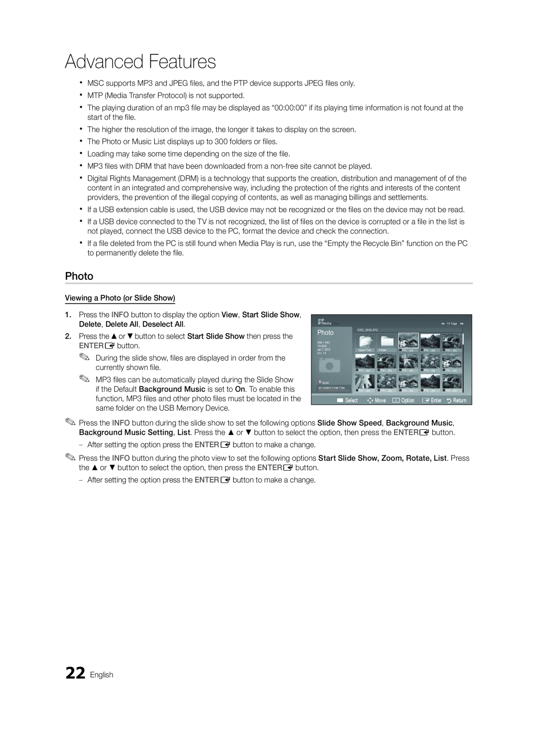 Samsung BN68-02620B-06 user manual Photo, Advanced Features, Select, nMove, jOption, EEnter 
