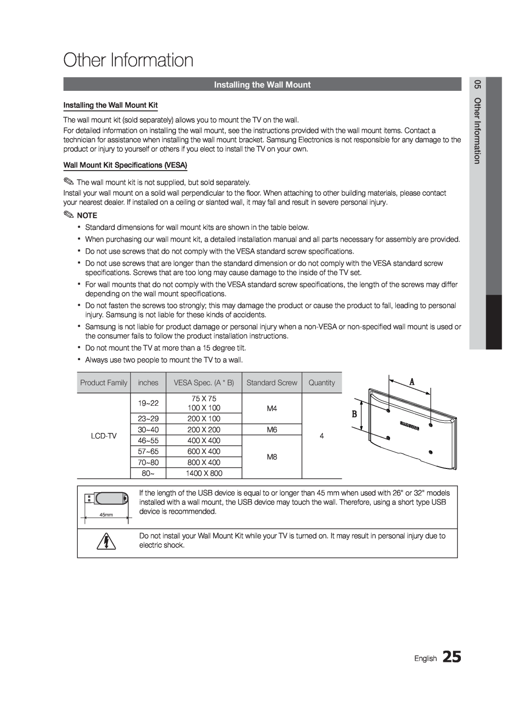 Samsung BN68-02620B-06 user manual Other Information, Installing the Wall Mount 