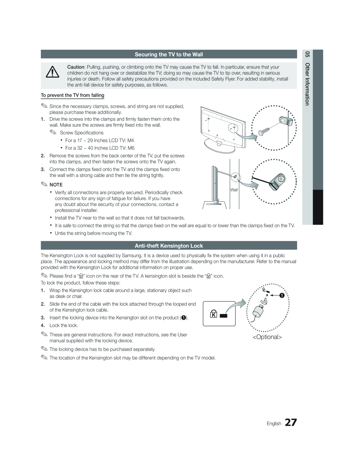 Samsung BN68-02620B-06 user manual Securing the TV to the Wall, Anti-theft Kensington Lock, Optional 