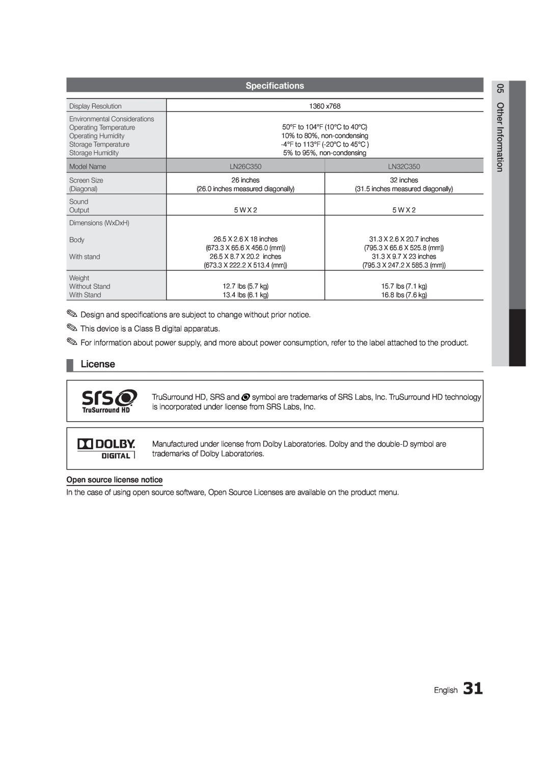 Samsung BN68-02620B-06 user manual License, Specifications 