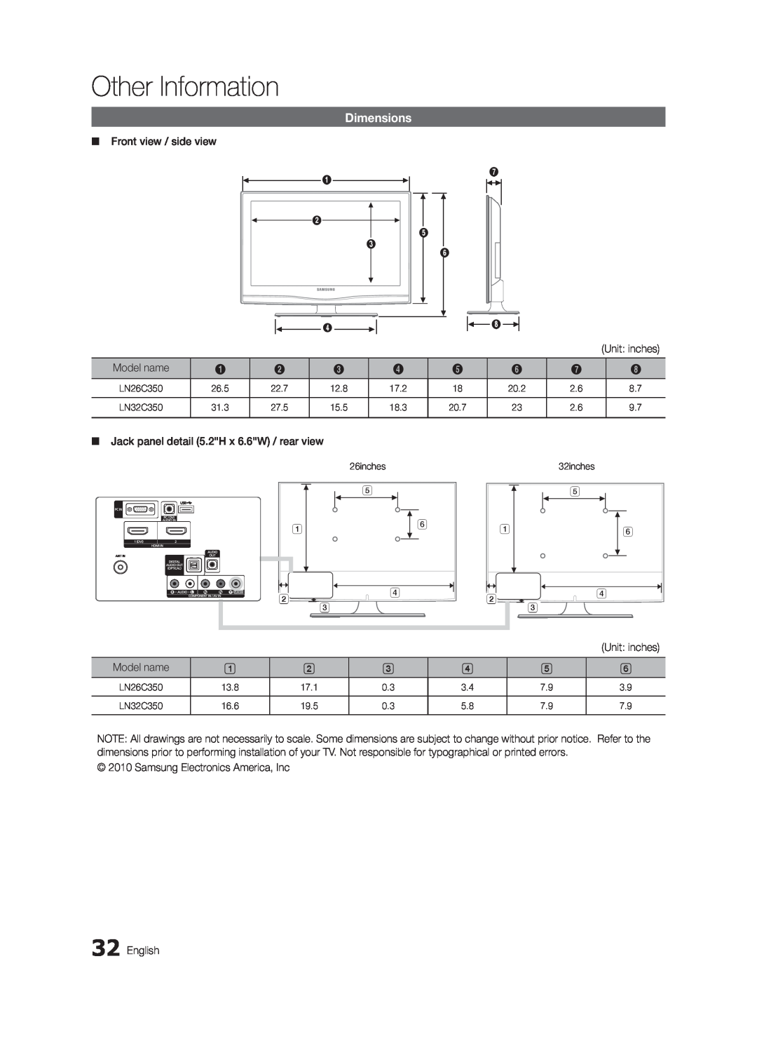 Samsung BN68-02620B-06 user manual Dimensions, Other Information, Jack panel detail 5.2H x 6.6W / rear view 
