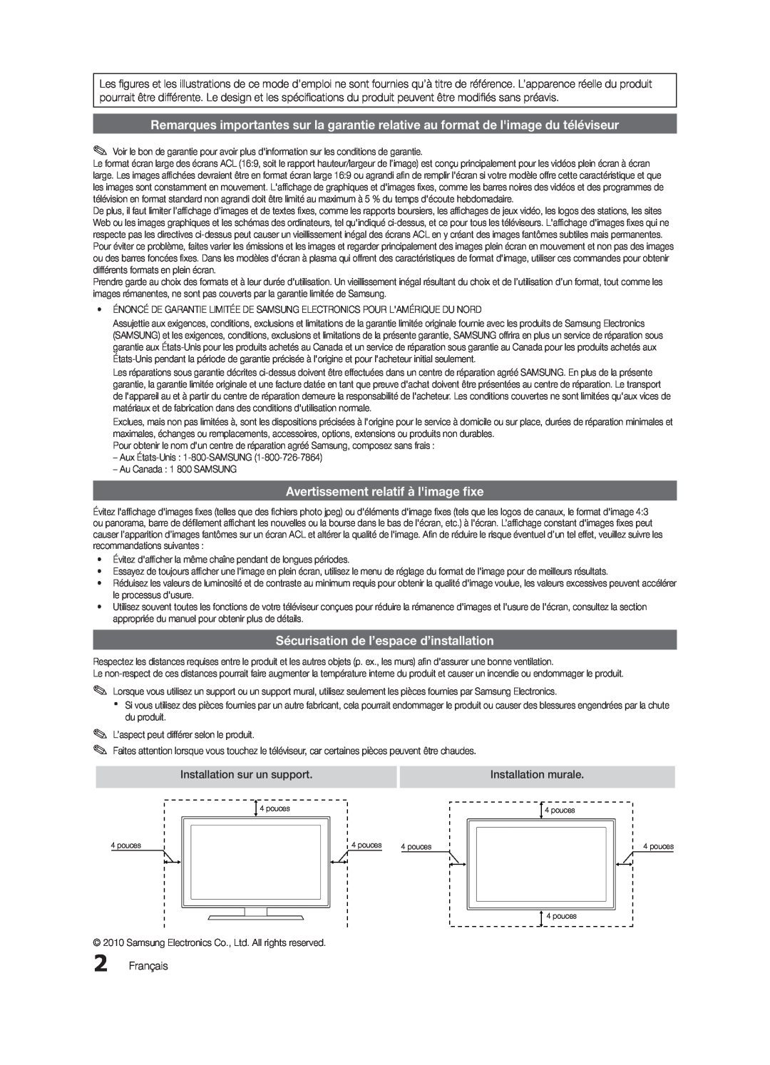 Samsung BN68-02620B-06 Avertissement relatif à limage fixe, Sécurisation de l’espace d’installation, Installation murale 