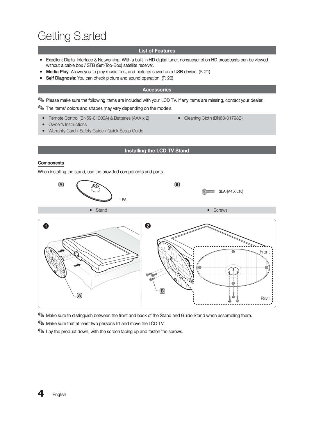 Samsung BN68-02620B-06 user manual Getting Started, List of Features, Accessories, Installing the LCD TV Stand, Front, Rear 