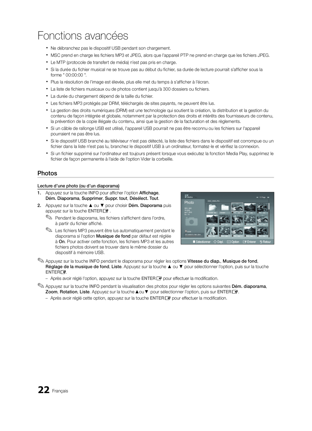 Samsung BN68-02620B-06 user manual Photos, Fonctions avancées, Entere, RRetour 
