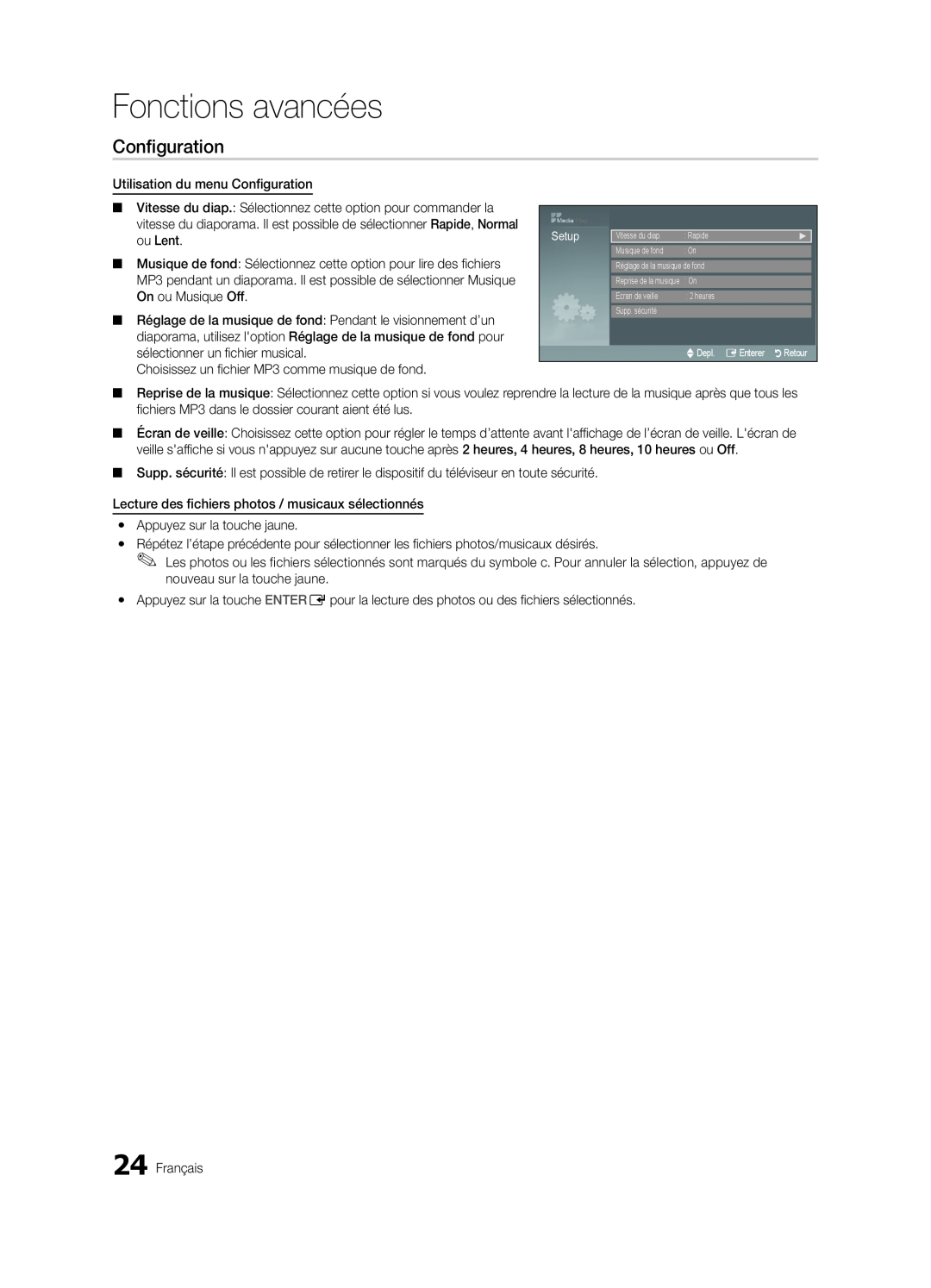 Samsung BN68-02620B-06 user manual Configuration, Fonctions avancées 